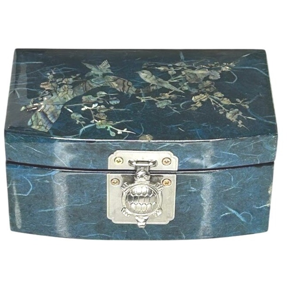 Vintage Mother of Pearl Inlay Lacquer Jewelry Box Teal Blue Bird Turtle Clasp